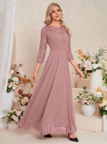 UNITHORSE Contrast Lace Chiffon Bridesmaid Dress Elegant Dress - Dusty Pink - View 5