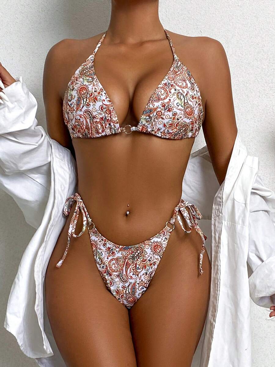 Summer Paisley Print Triangle Tie Side Bikini Set - Multicolor - View 1