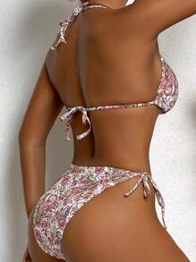 Summer Paisley Print Triangle Tie Side Bikini Set - Multicolor - View 2