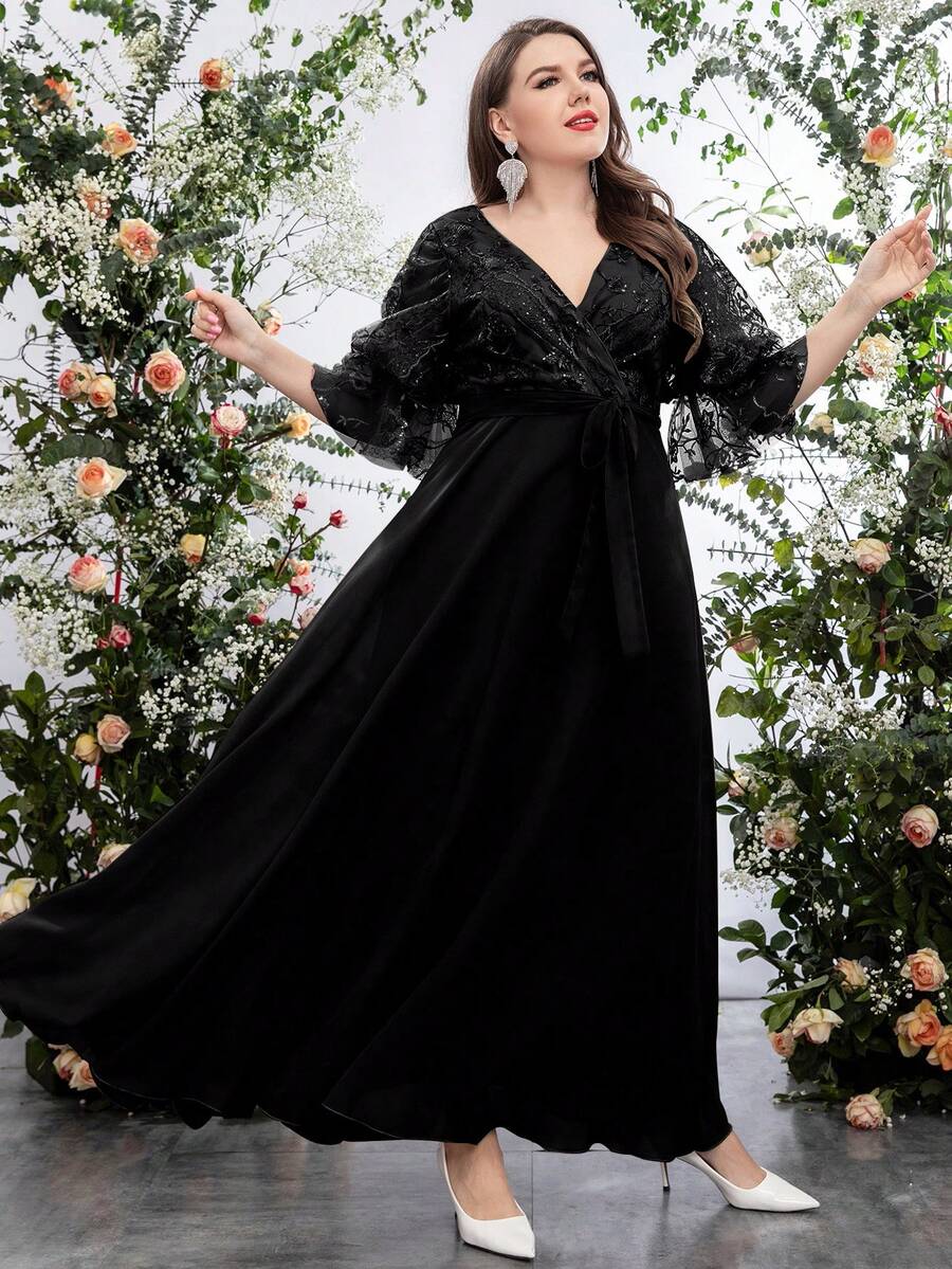 UNITHORSE 大碼網紗拼接喇叭袖腰帶雪紡伴娘連衣裙 - 黑色 - 查看 1