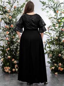 UNITHORSE 大碼網紗拼接喇叭袖腰帶雪紡伴娘連衣裙 - 黑色 - 查看 2