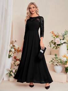 UNITHORSE 对比色蕾丝雪纺伴娘服优雅连衣裙 - 黑色 - 查看 2