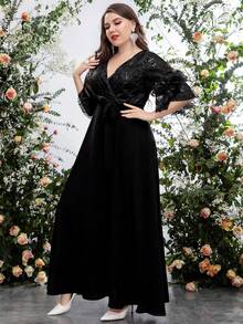 UNITHORSE 大碼網紗拼接喇叭袖腰帶雪紡伴娘連衣裙 - 黑色 - 查看 3