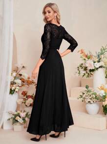 UNITHORSE 对比色蕾丝雪纺伴娘服优雅连衣裙 - 黑色 - 查看 3