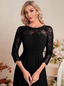 UNITHORSE 对比色蕾丝雪纺伴娘服优雅连衣裙 - 黑色 - 查看 4