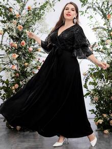 UNITHORSE 大碼網紗拼接喇叭袖腰帶雪紡伴娘連衣裙 - 黑色 - 查看 5