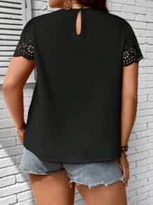 SHEIN LUNE Blusa con abertura láser con fruncido de manga farol - Negro - Ver 2