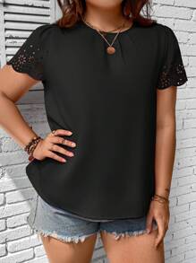 SHEIN LUNE Blusa con abertura láser con fruncido de manga farol - Negro - Ver 3