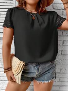 SHEIN LUNE Blusa con abertura láser con fruncido de manga farol - Negro - Ver 4