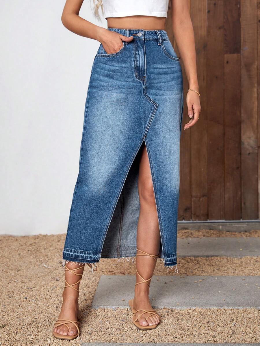 SHEIN Essnce Váy denim nữ Nút Túi Dây kéo Tách cao màu trơn - Rửa tối - Xem 1