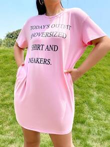 SHEIN EZwear 大碼標語圖案落肩T恤連衣裙 - 粉色 - 查看 3
