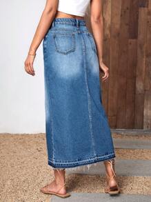 SHEIN Essnce Váy denim nữ Nút Túi Dây kéo Tách cao màu trơn - Rửa tối - Xem 2