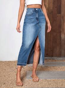 SHEIN Essnce Váy denim nữ Nút Túi Dây kéo Tách cao màu trơn - Rửa tối - Xem 6