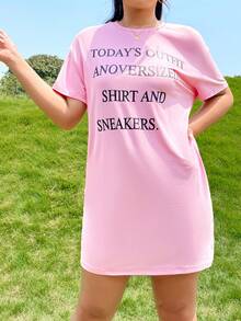 SHEIN EZwear 大碼標語圖案落肩T恤連衣裙 - 粉色 - 查看 4