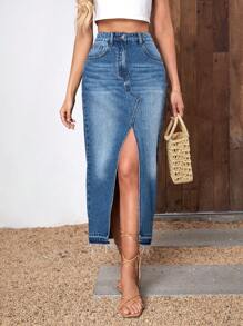 SHEIN Essnce Váy denim nữ Nút Túi Dây kéo Tách cao màu trơn - Rửa tối - Xem 4