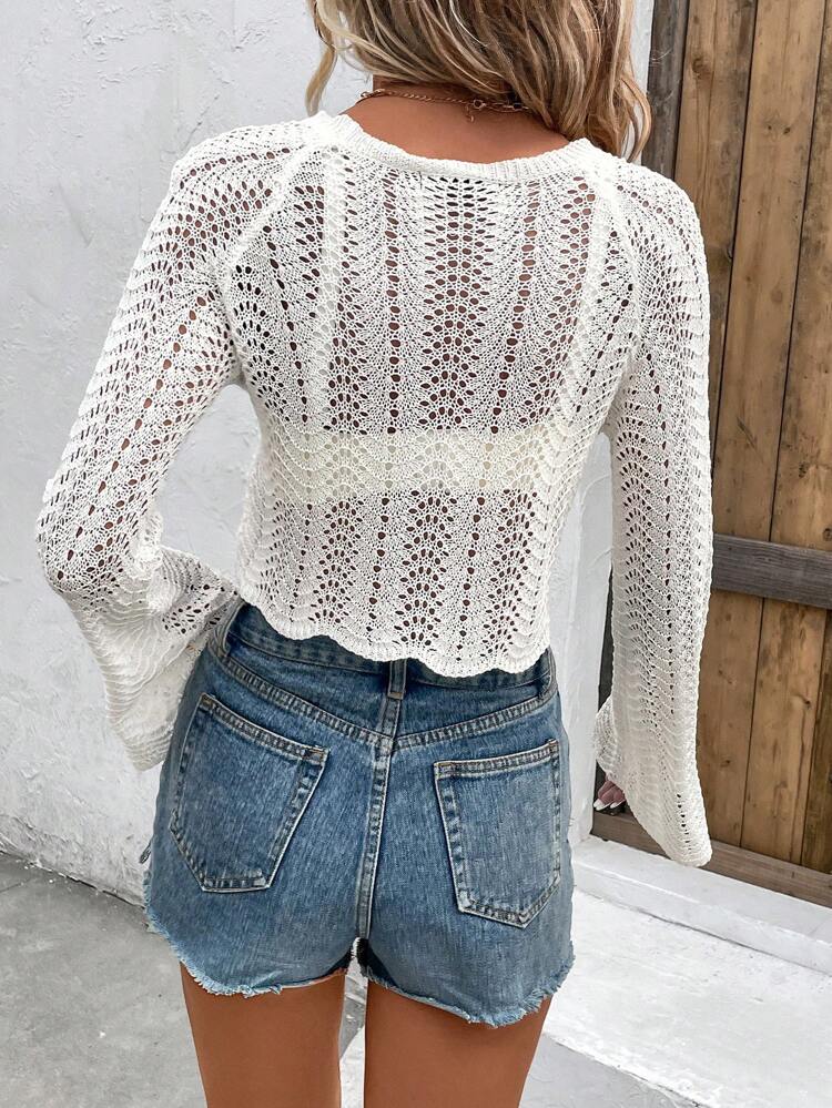 Hollow Out Scallop Trim Trumpet Sleeve Crop Sweater Without Bra Knit Pullover Fall Winter Sweater