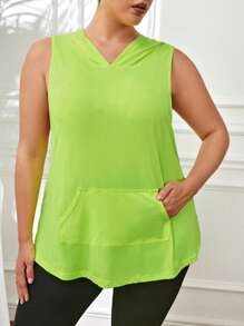 SHEIN Daily&Casual Plus Kangaroo Pocket Hooded Sports Tank Top - Yellow - View 2