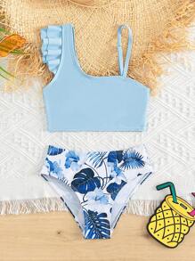 Young Girl Tropical Print Ruffle Trim Bikini Set Summer Beach - Blue and White - View 1
