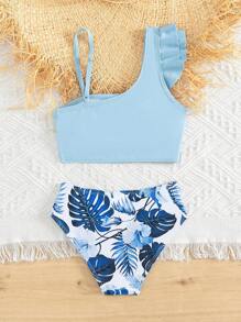 Young Girl Tropical Print Ruffle Trim Bikini Set Summer Beach - Blue and White - View 2