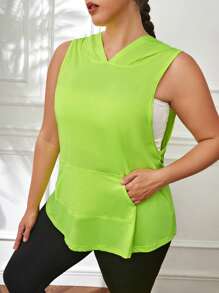 SHEIN Daily&Casual Plus Kangaroo Pocket Hooded Sports Tank Top - Yellow - View 4