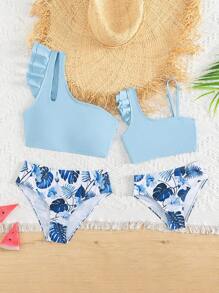 Young Girl Tropical Print Ruffle Trim Bikini Set Summer Beach - Blue and White - View 3