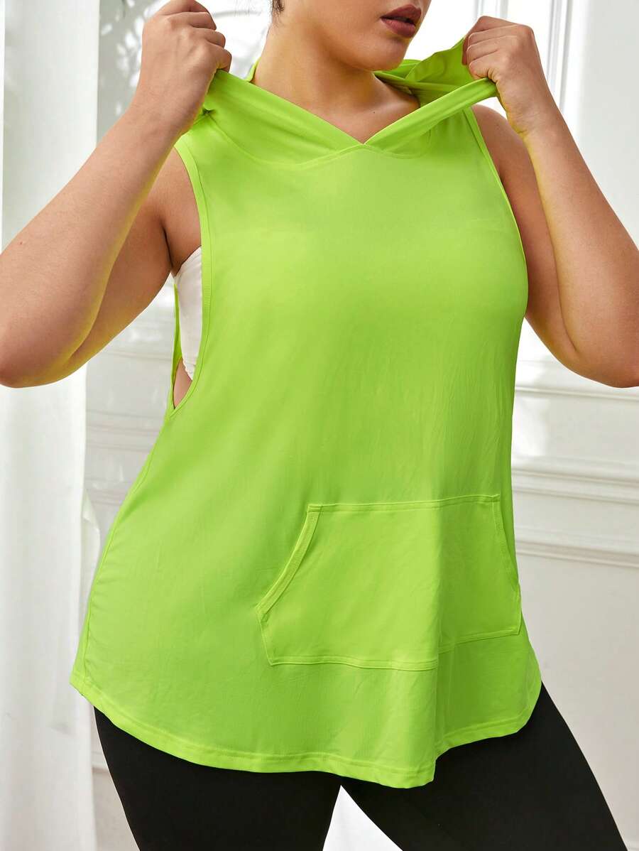 SHEIN Daily&Casual Plus Kangaroo Pocket Hooded Sports Tank Top - Yellow - View 1