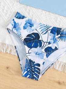 Young Girl Tropical Print Ruffle Trim Bikini Set Summer Beach - Blue and White - View 5