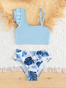 Young Girl Tropical Print Ruffle Trim Bikini Set Summer Beach - Blue and White - View 6