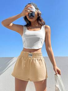 SHEIN EZwear 字母補丁細節彈性腰帶短褲 - 杏色 - 查看 6