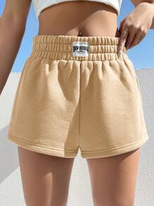 SHEIN EZwear 字母補丁細節彈性腰帶短褲 - 杏色 - 查看 7