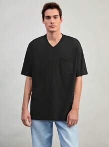 Manfinity Basics Men Solid Pocket Patched Drop Shoulder Tee - Black - View 3