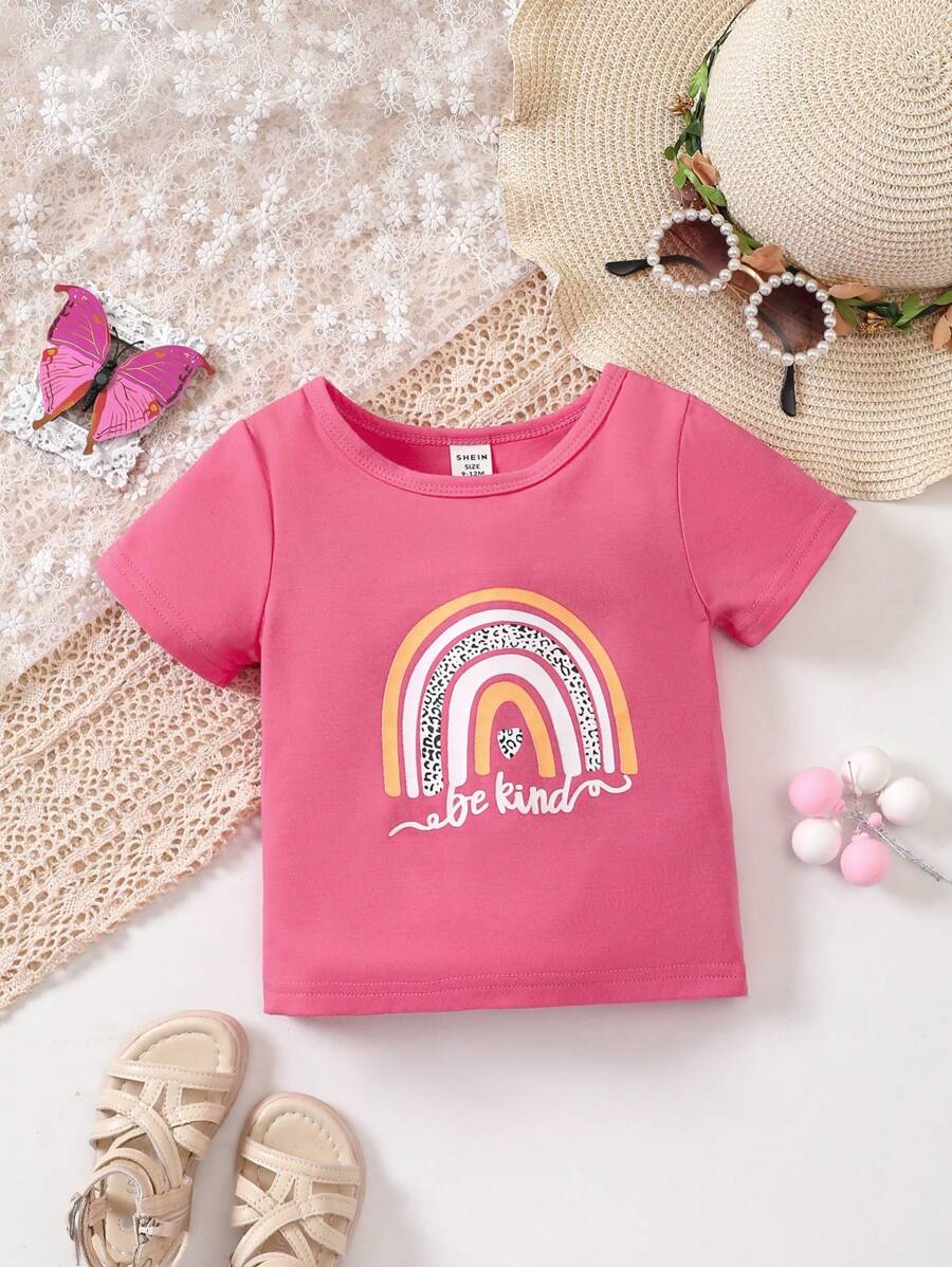 Baby Girl Rainbow & Slogan Graphic Tee - Hot Pink - View 1