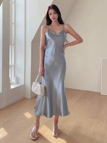 DAZY Draped Collar Cami Dress - Blue - View 3