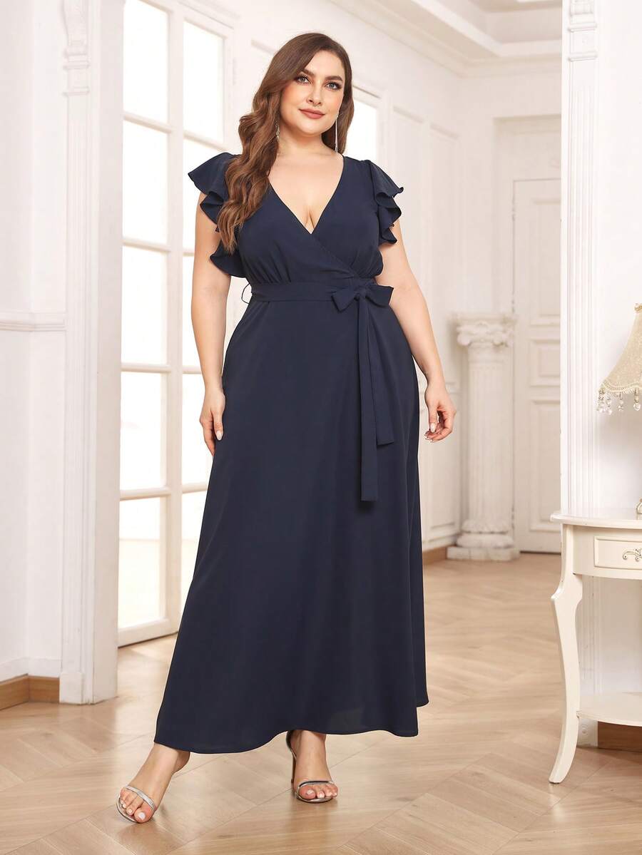 Plus Ruffle Trim Belted Dress