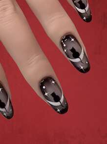 ROMWE Grunge Punk 24pcs Short Almond Cartoon Cat Pattern Fake Nail & 1sheet Tape & 1pc Nail File - Multicolor - View 1