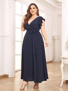 Plus Ruffle Trim Belted Dress