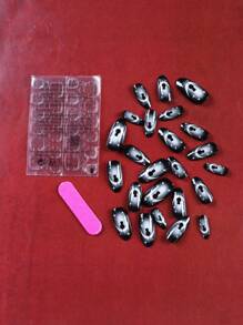 ROMWE Grunge Punk 24pcs Short Almond Cartoon Cat Pattern Fake Nail & 1sheet Tape & 1pc Nail File - Multicolor - View 5