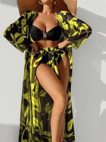 SHEIN Swim 滿版植物印花聚攏比基尼泳裝附和服 - 黃色 - 查看 1