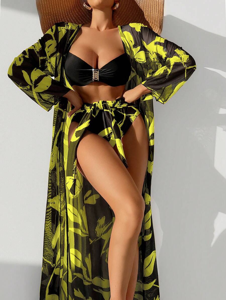 SHEIN Swim 滿版植物印花聚攏比基尼泳裝附和服 - 黃色 - 查看 1