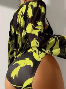 SHEIN Swim 滿版植物印花聚攏比基尼泳裝附和服 - 黃色 - 查看 2