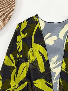 SHEIN Swim 滿版植物印花聚攏比基尼泳裝附和服 - 黃色 - 查看 3