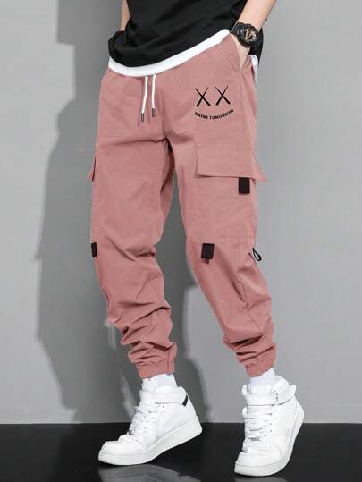 بنطلون شحن بجيوب طية وخصر مطاطي مع رباط قابل للشد للرجال ،معرض التعبيرات والحروف الجرافيكية