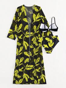 SHEIN Swim 滿版植物印花聚攏比基尼泳裝附和服 - 黃色 - 查看 6