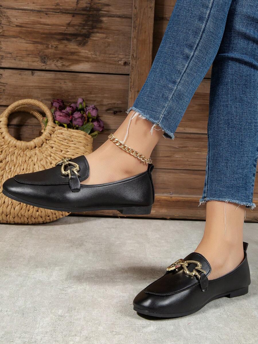 Women Black Heart Decor Slip-On Flat Loafers, Cool Round Toe Flat Shoes - Black - View 1