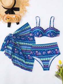 印花聚攏比基尼泳裝附沙灘裙