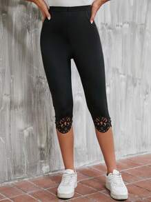 SHEIN LUNE Quần tất nữ Cắt ra Sò điệp màu trơn Giải trí - màu đen - Xem 1