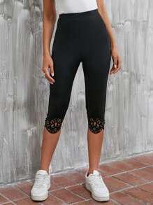 SHEIN LUNE Quần tất nữ Cắt ra Sò điệp màu trơn Giải trí - màu đen - Xem 4