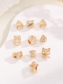 10入組/套創意鋅合金大象和貓頭鷹形狀DIY珠子適合女士DIY首飾製作 - 金黃色 - 查看 1