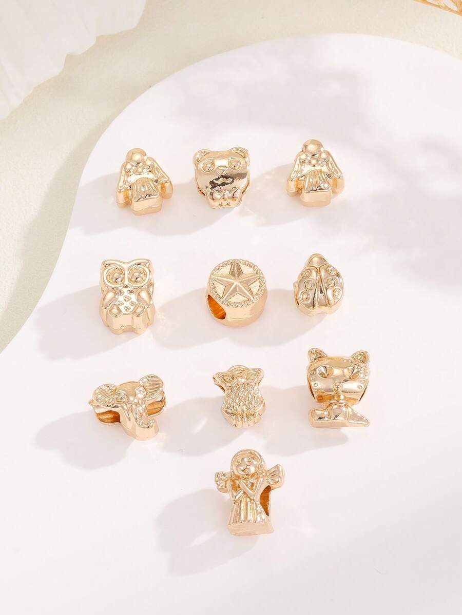 10入組/套創意鋅合金大象和貓頭鷹形狀DIY珠子適合女士DIY首飾製作 - 金黃色 - 查看 1