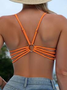 SHEIN Swim 素色細肩帶比基尼泳裝上衣 - 橘色 - 查看 1
